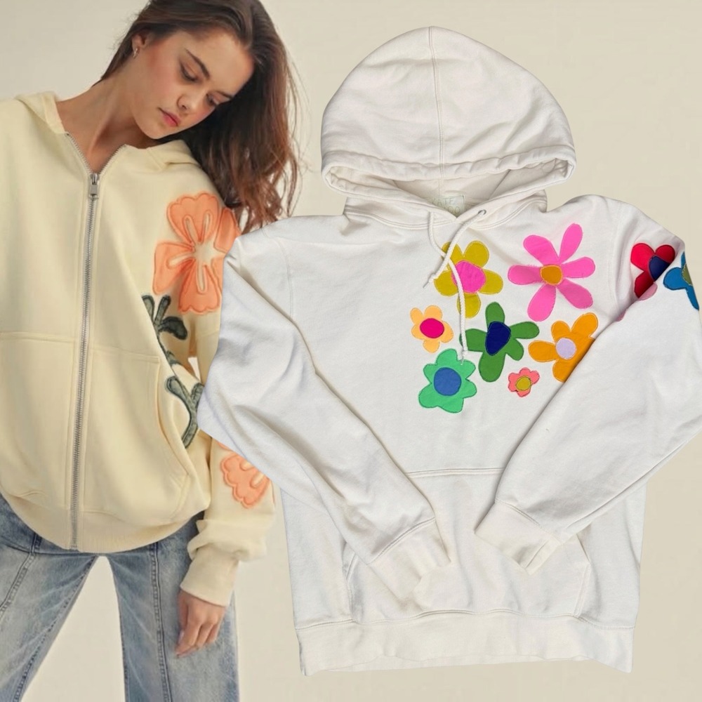 Kate Sando Hoodie Multi-Color Floral Patchwork Cream Large